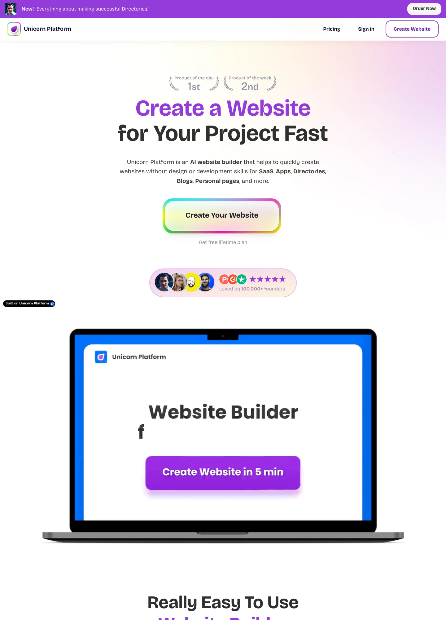 Unicorn Platform — captured interface