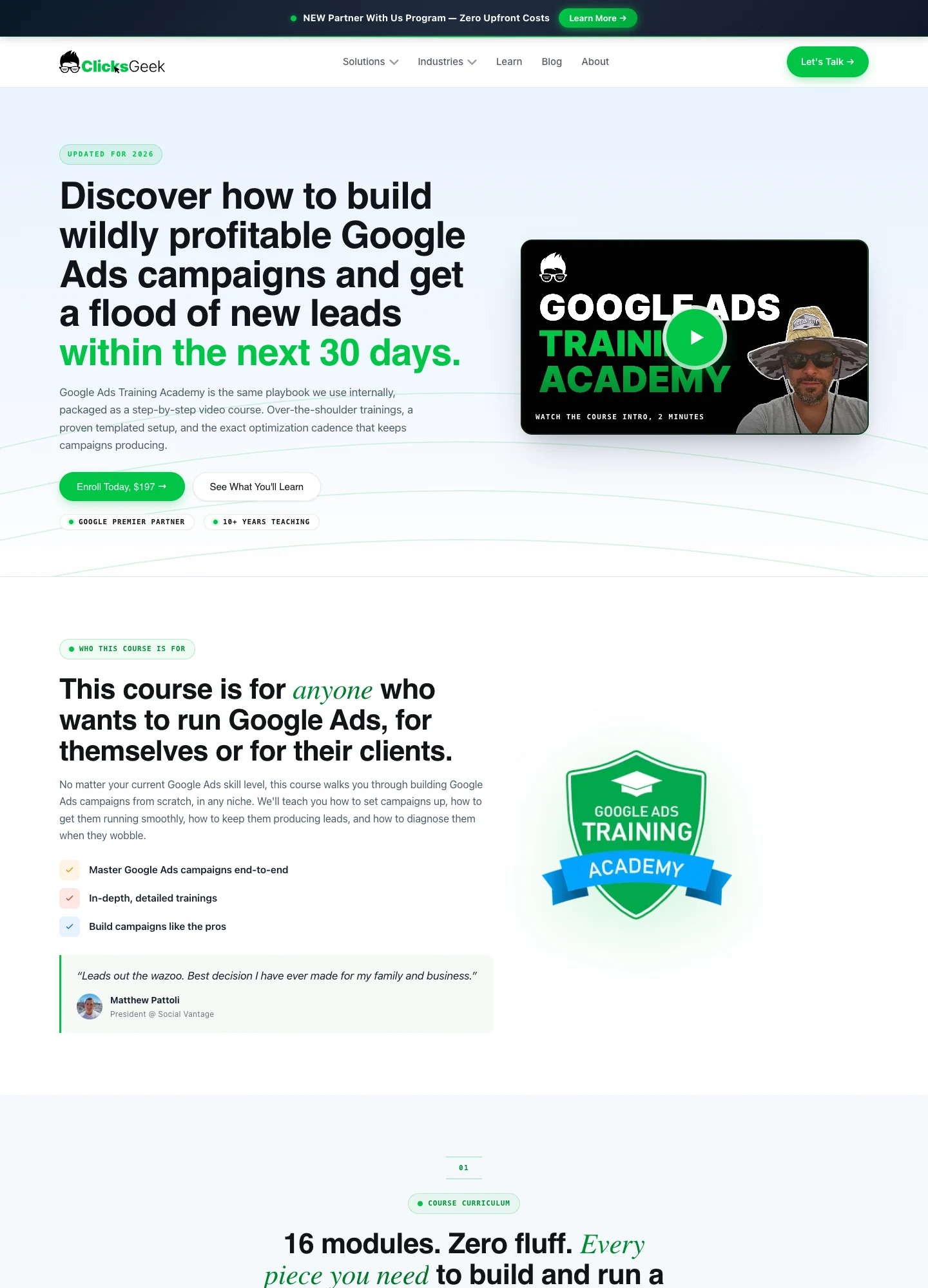 Clicks Geek — Google Ads Training Academy — captured interface