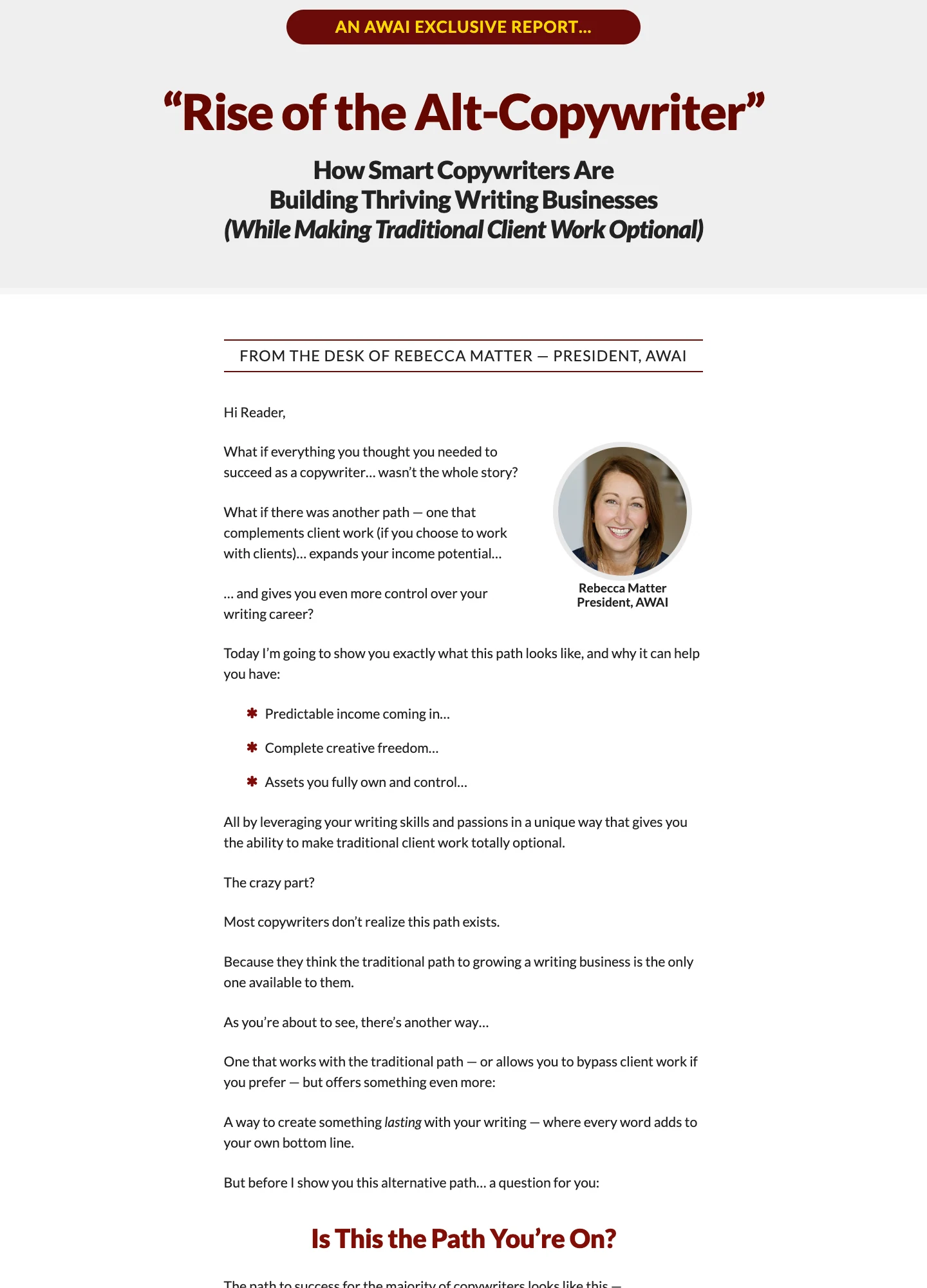 AWAI — Rise of the Alt-Copywriter — captured interface