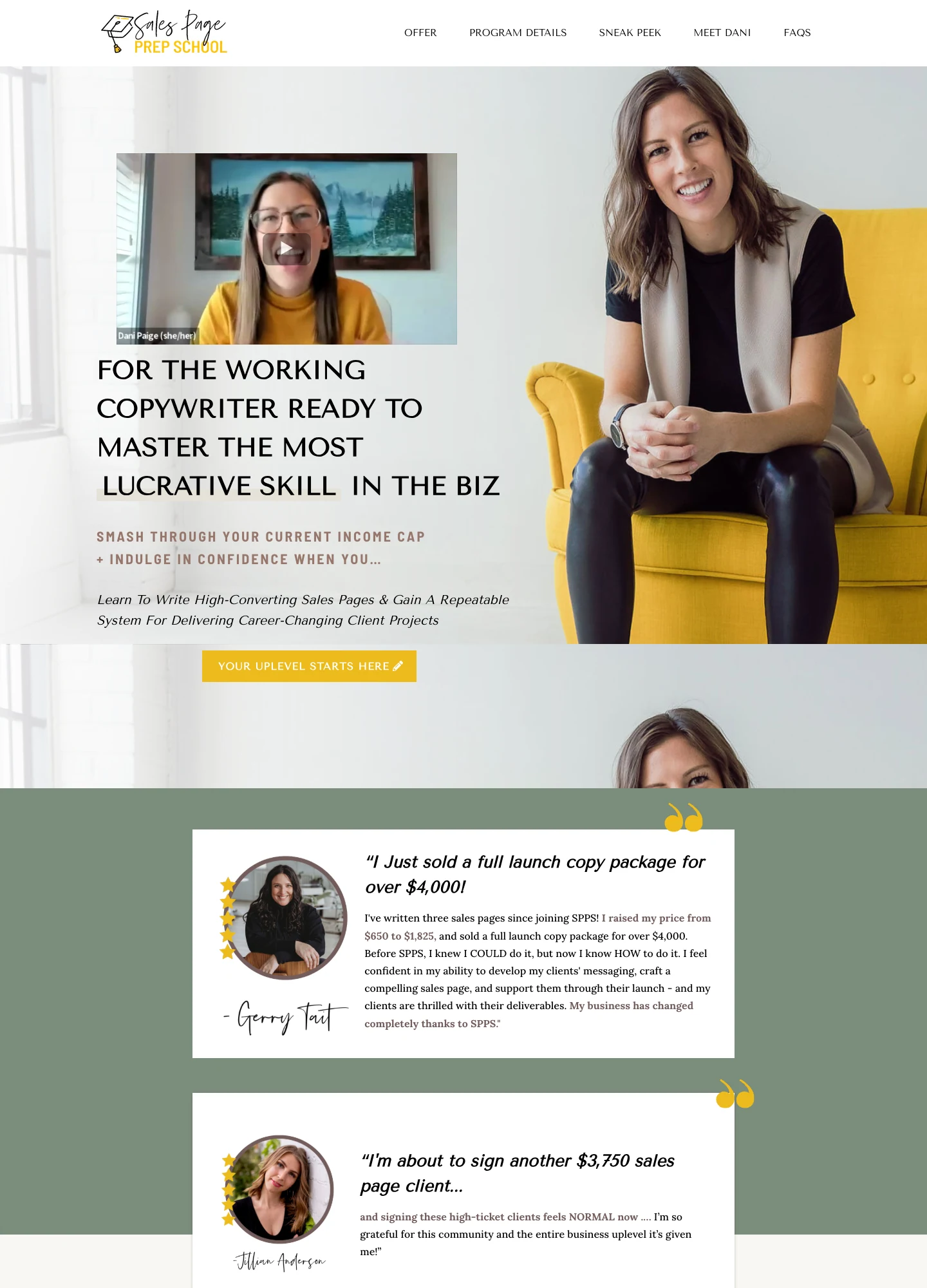 Dani Paige — Sales Page Prep School — captured interface