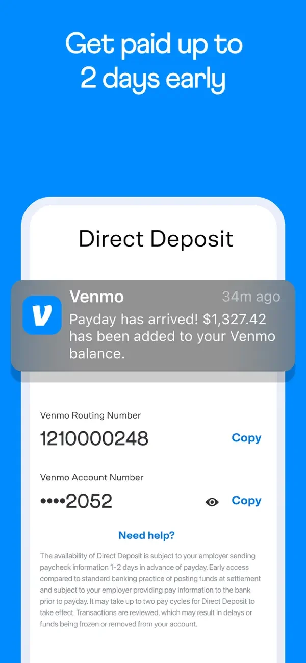 Venmo — Direct deposit details