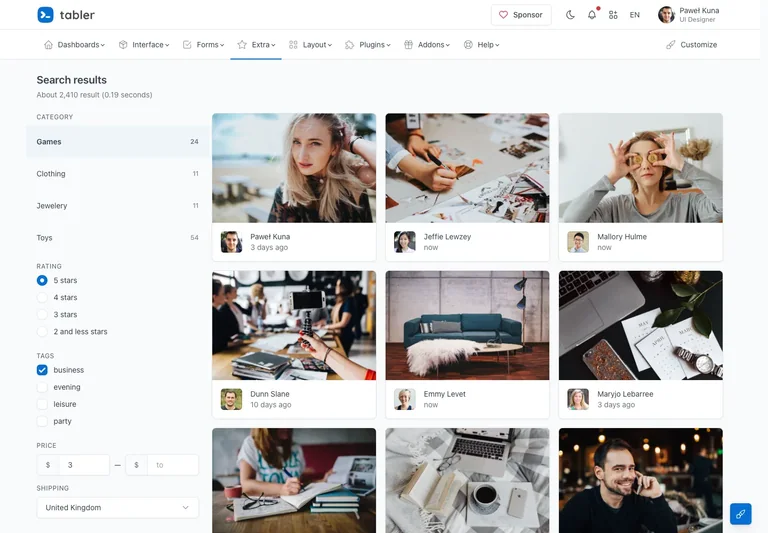 Tabler — Search results preview