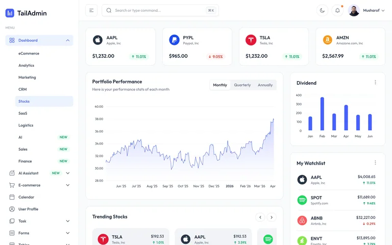 TailAdmin — Stocks demo preview