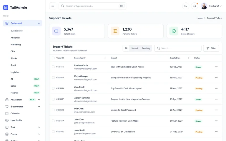 TailAdmin — Support tickets demo preview