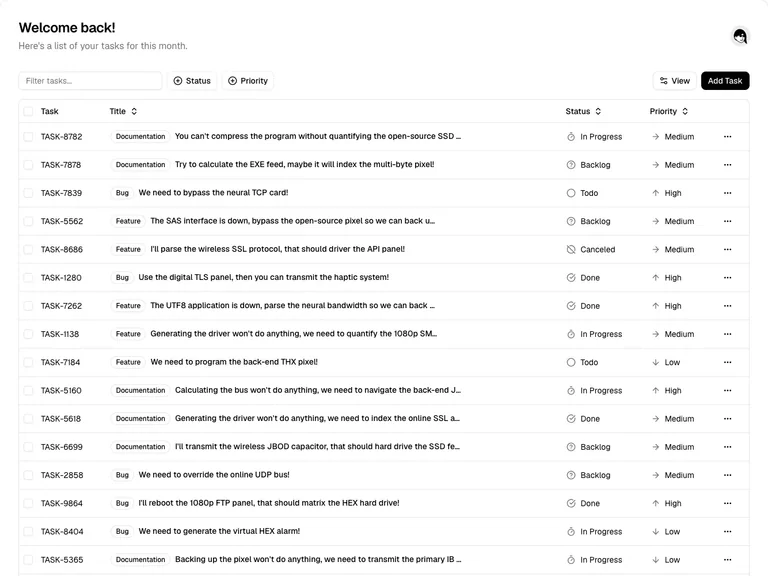 shadcn/ui — Task table preview