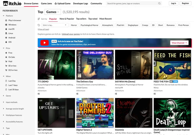 itch.io — Game discovery preview