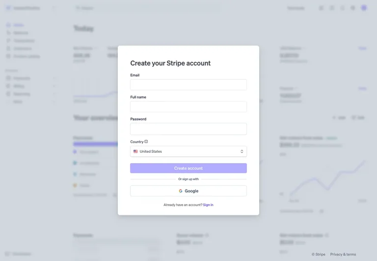 Stripe — Create account preview