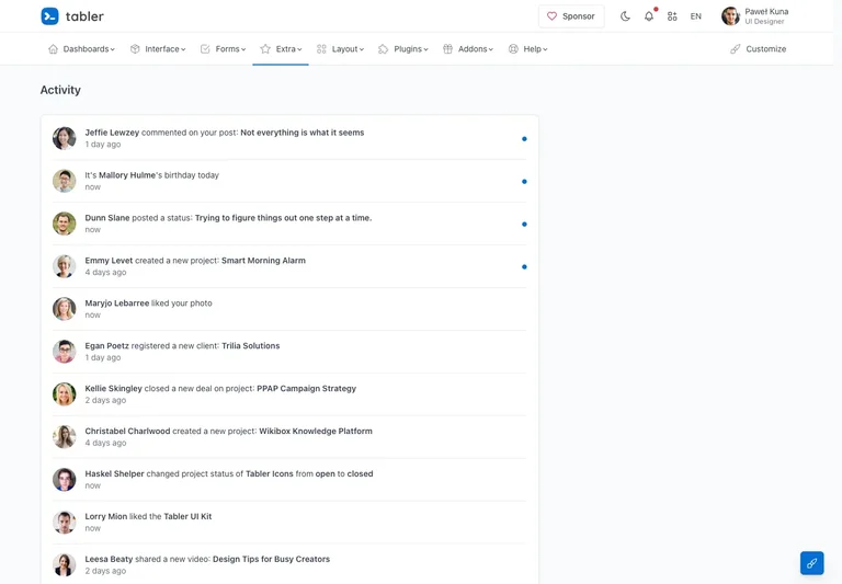 Tabler — Activity timeline preview