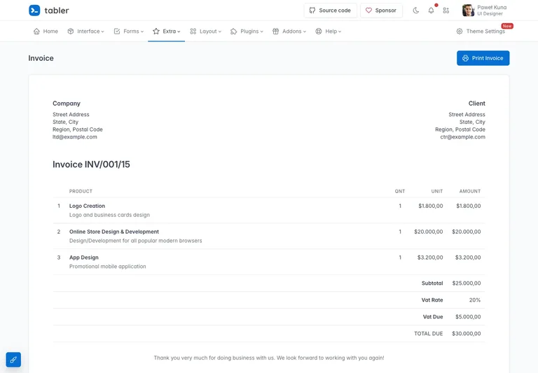 Tabler — Invoice demo preview