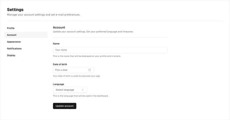 shadcn/ui v3 — Account preferences preview