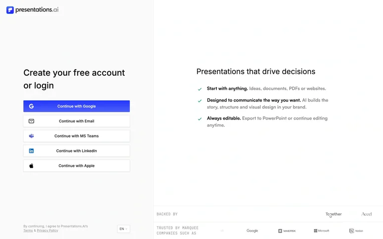 Presentations.AI — Account entry preview