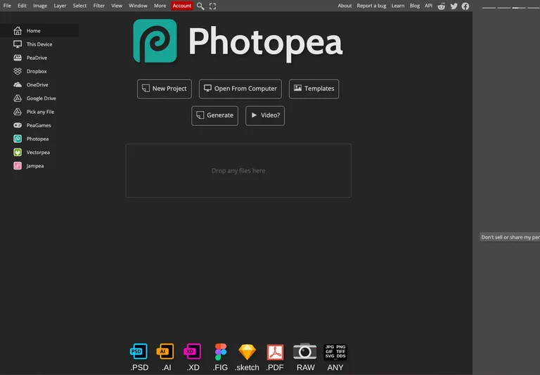 Photopea — Start screen preview