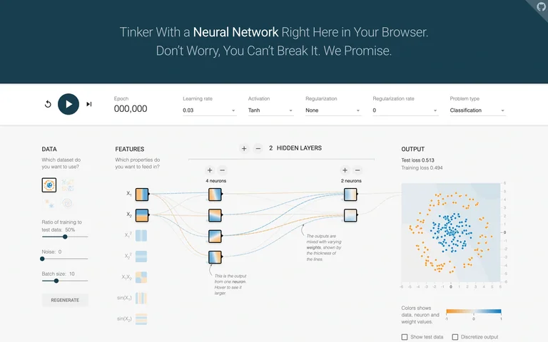 TensorFlow Playground — Network controls preview