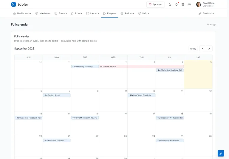 Tabler — Team calendar preview