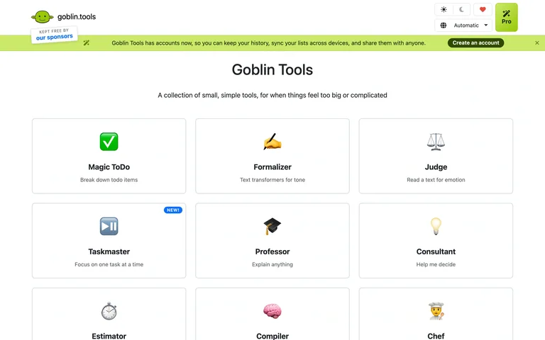 Goblin Tools — Tool directory preview
