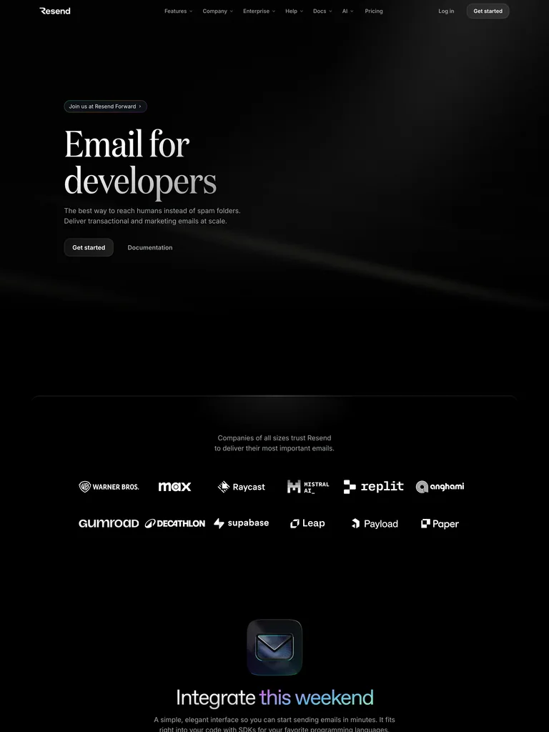 Resend — Serif-on-Black Developer Dark preview
