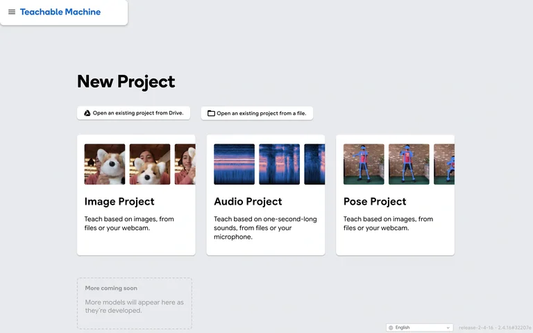 Teachable Machine — Project chooser preview