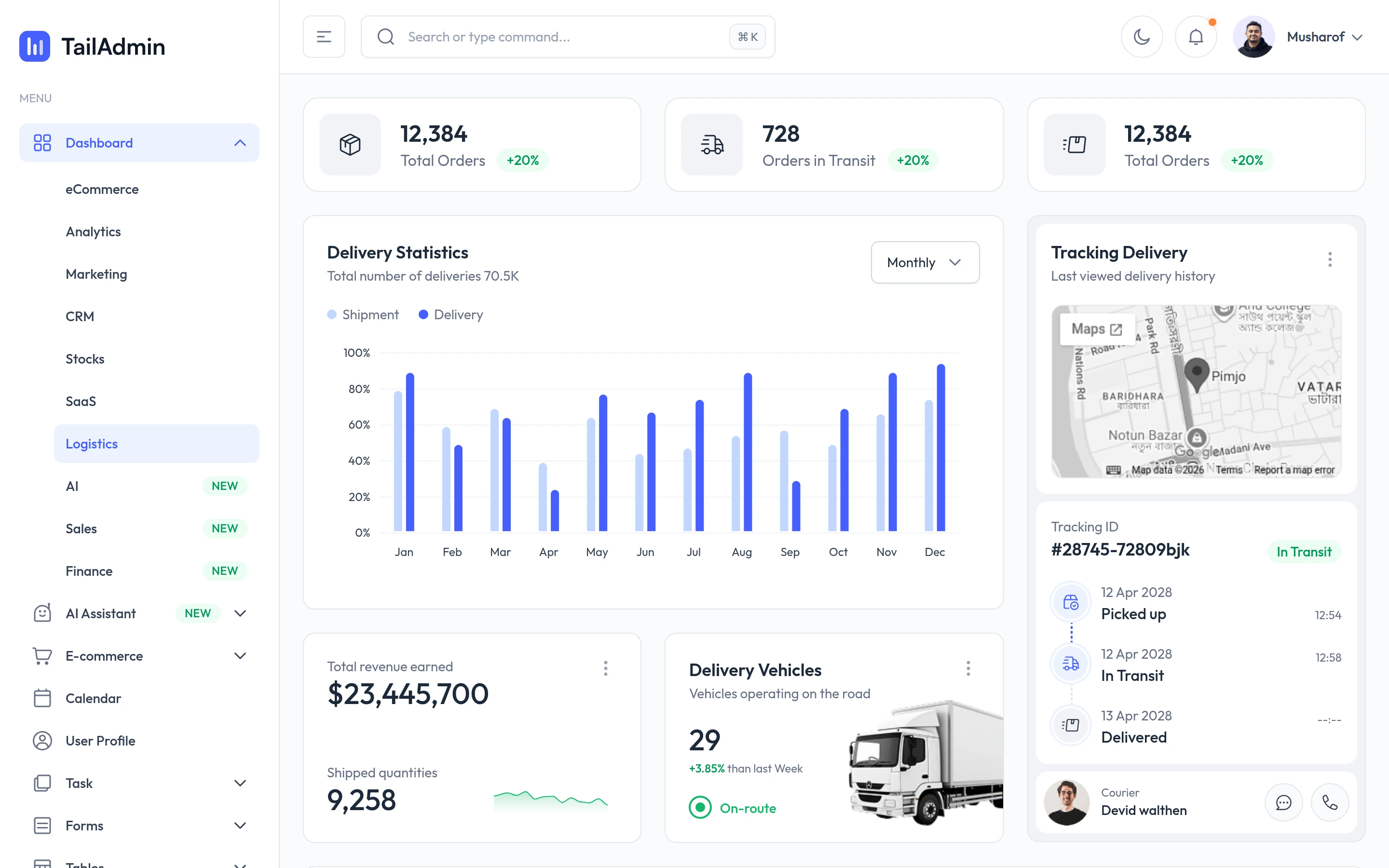 TailAdmin — Logistics demo — captured interface