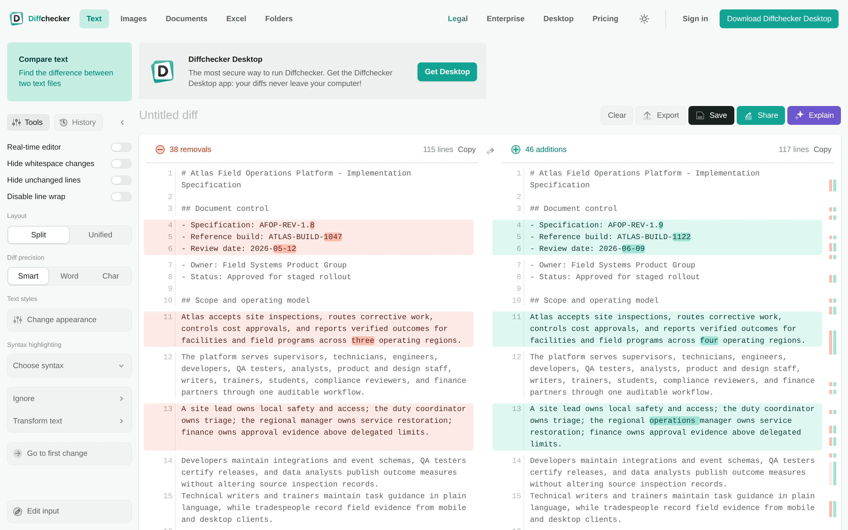Diffchecker — Text comparison — captured interface