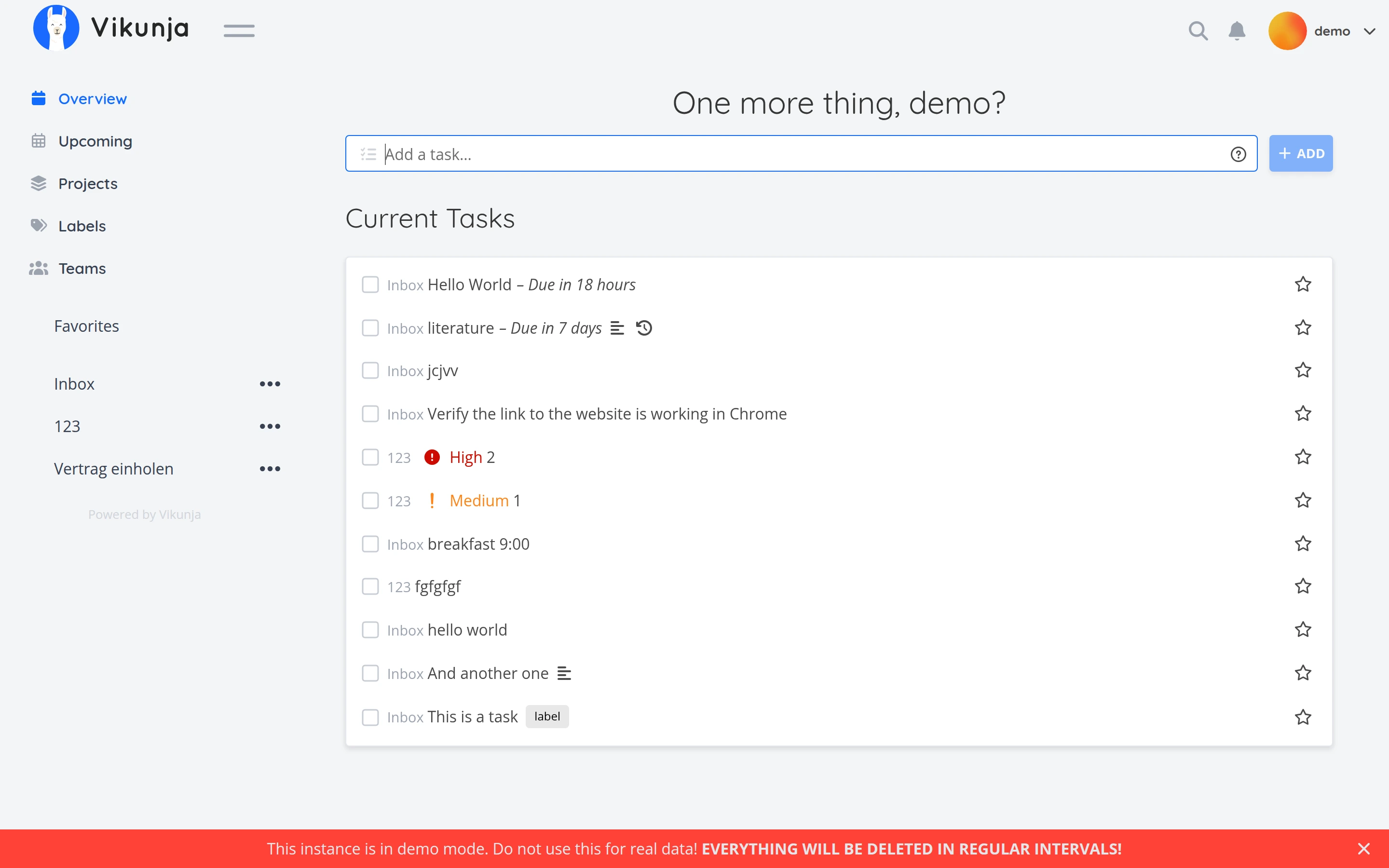 Vikunja — Task management demo — captured interface