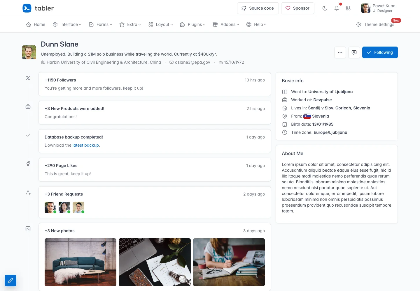 Tabler — Member profile — captured interface