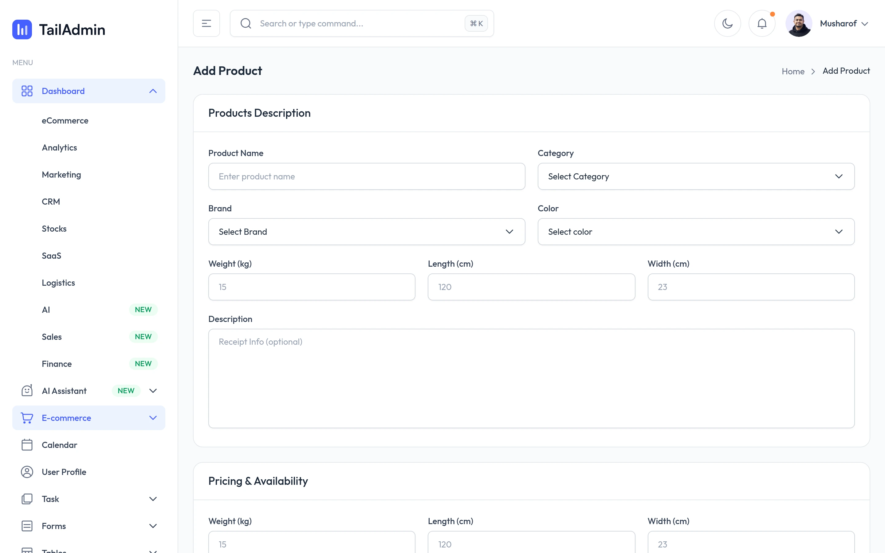 TailAdmin — Add product demo — captured interface