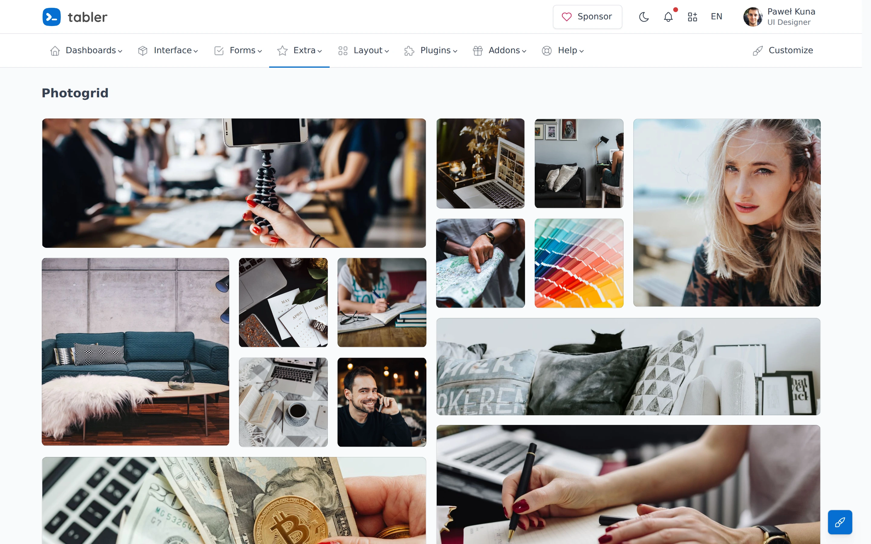 Tabler — Photogrid demo — captured interface