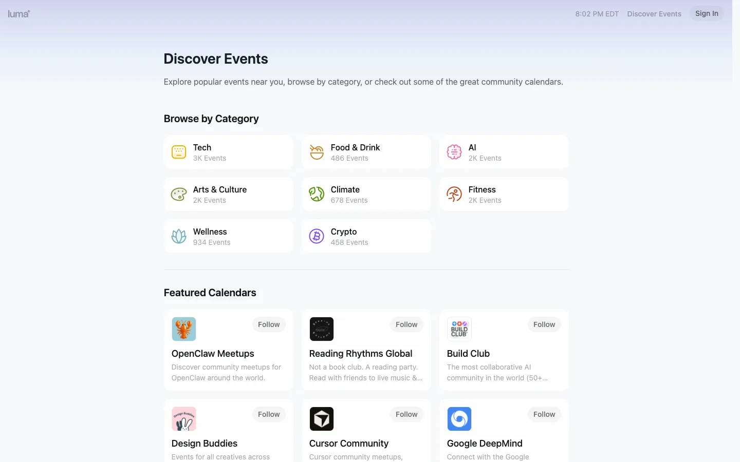 Luma — Discover events — captured interface