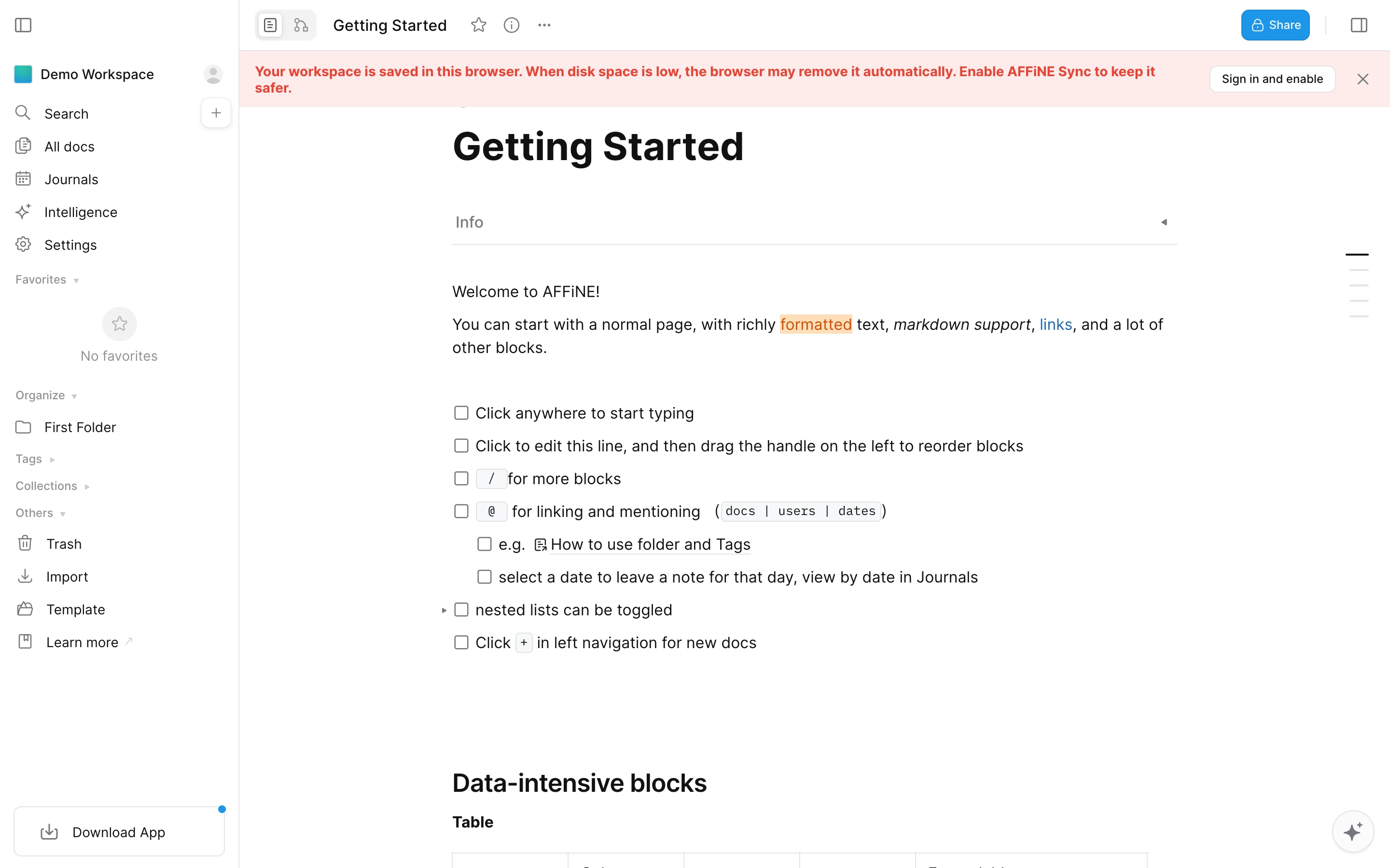 AFFiNE — Local document workspace — captured interface