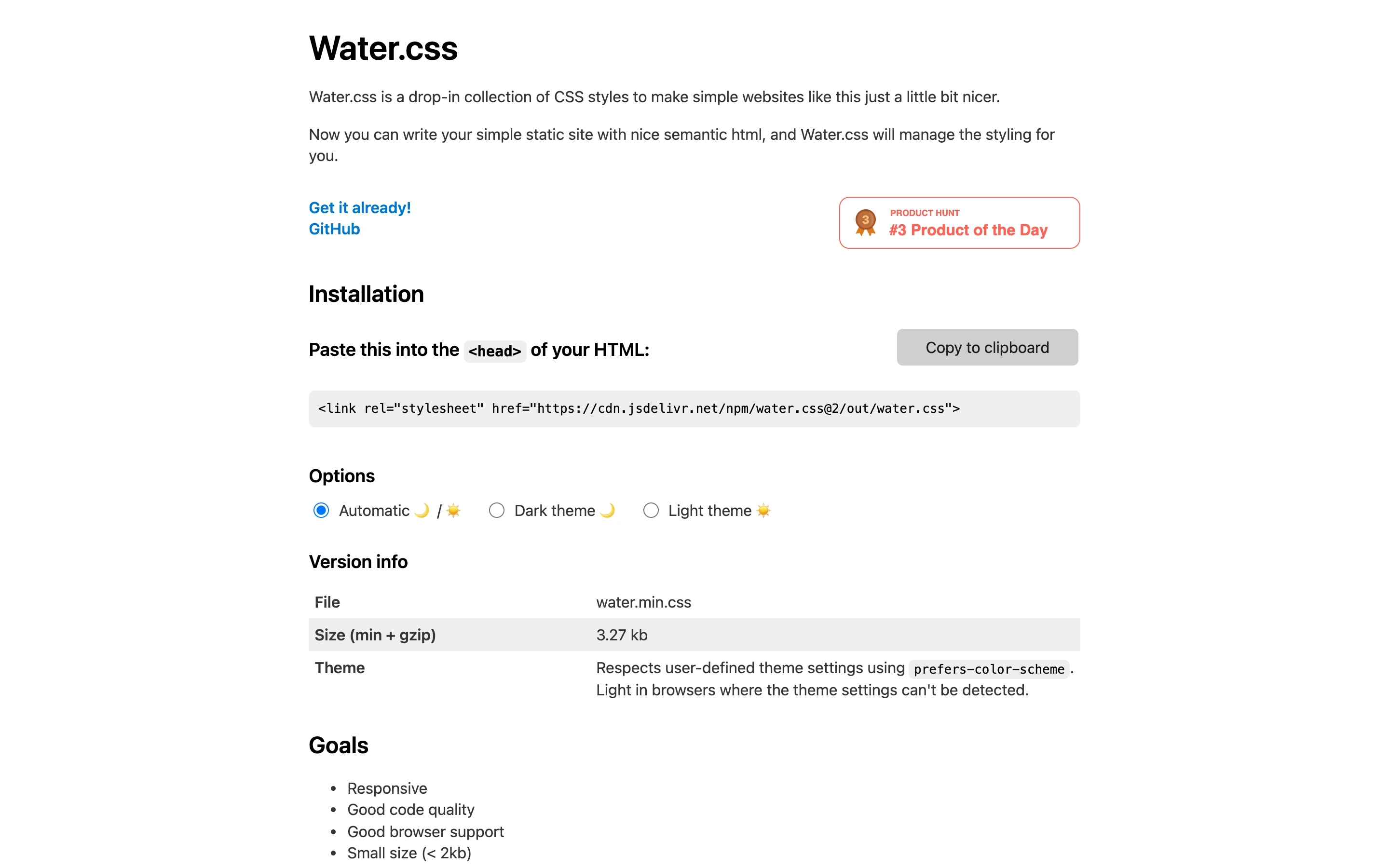 Water CSS — captured interface