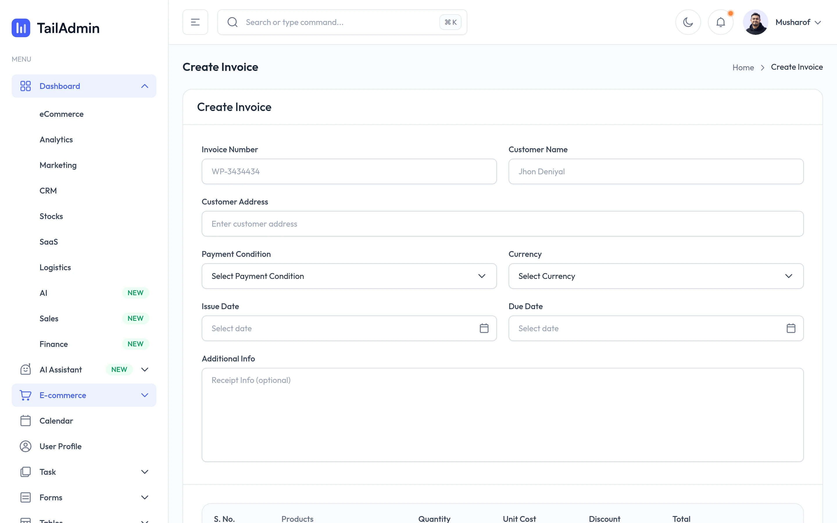 TailAdmin — Create invoice demo — captured interface