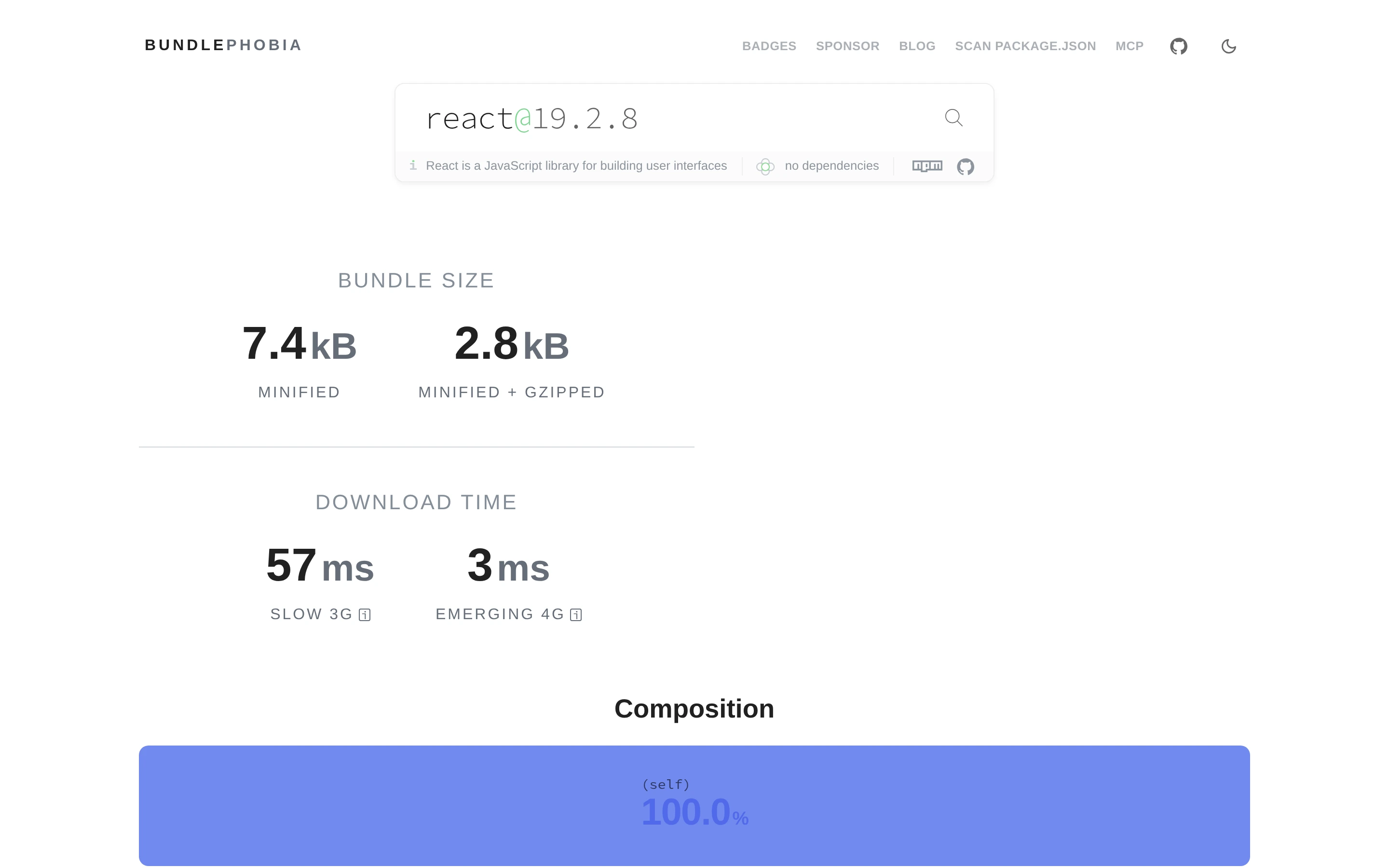 Bundlephobia — Package analysis — captured interface