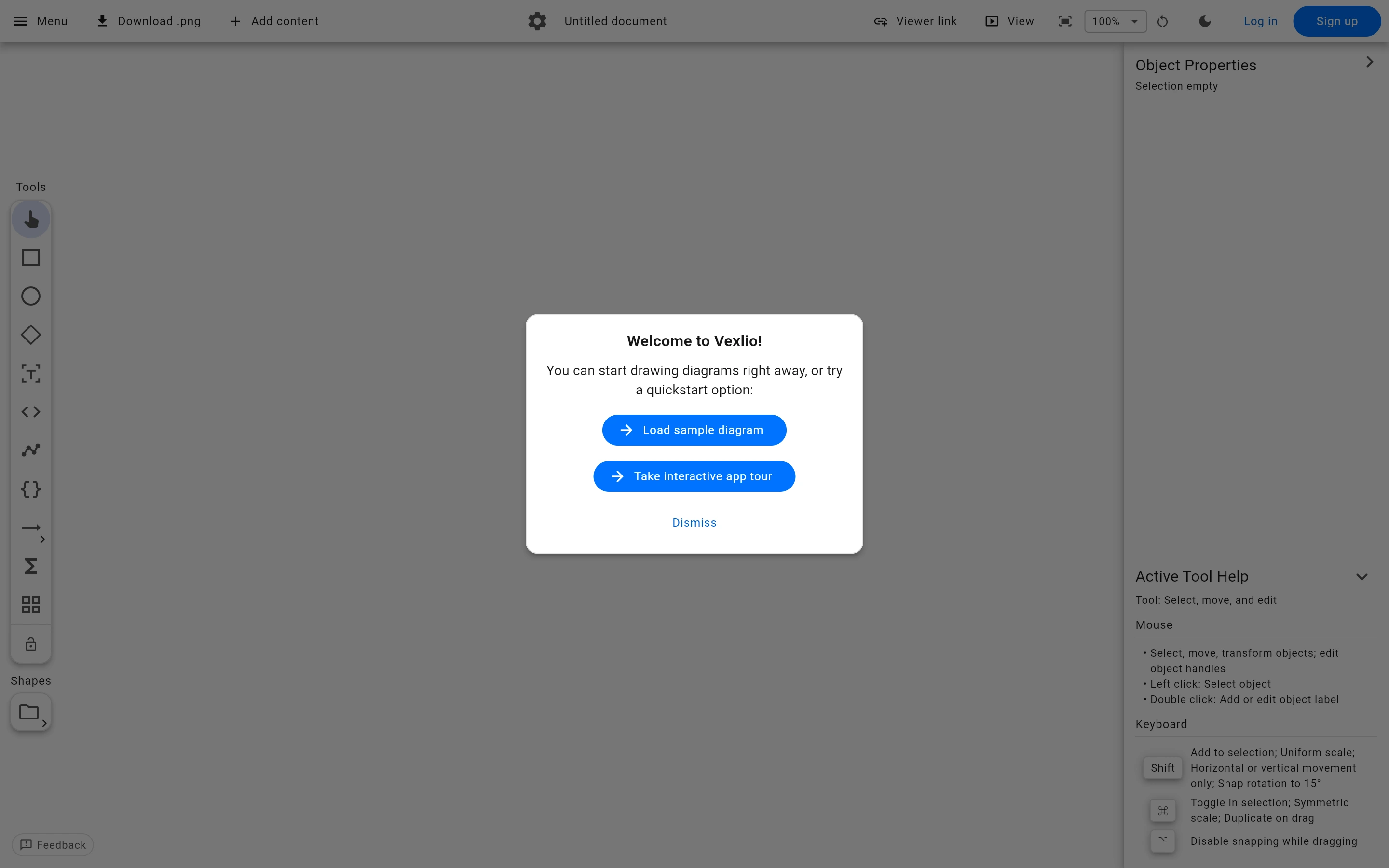 Vexlio — Welcome dialog — captured interface