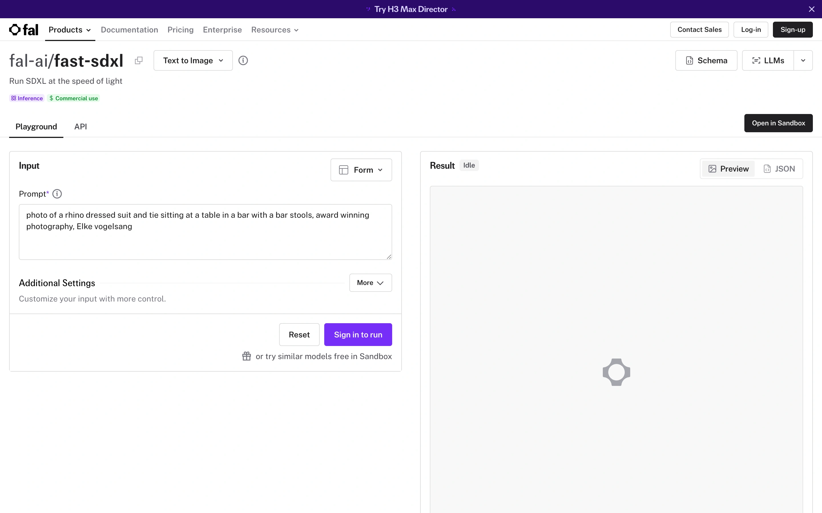 fal — SDXL playground — captured interface