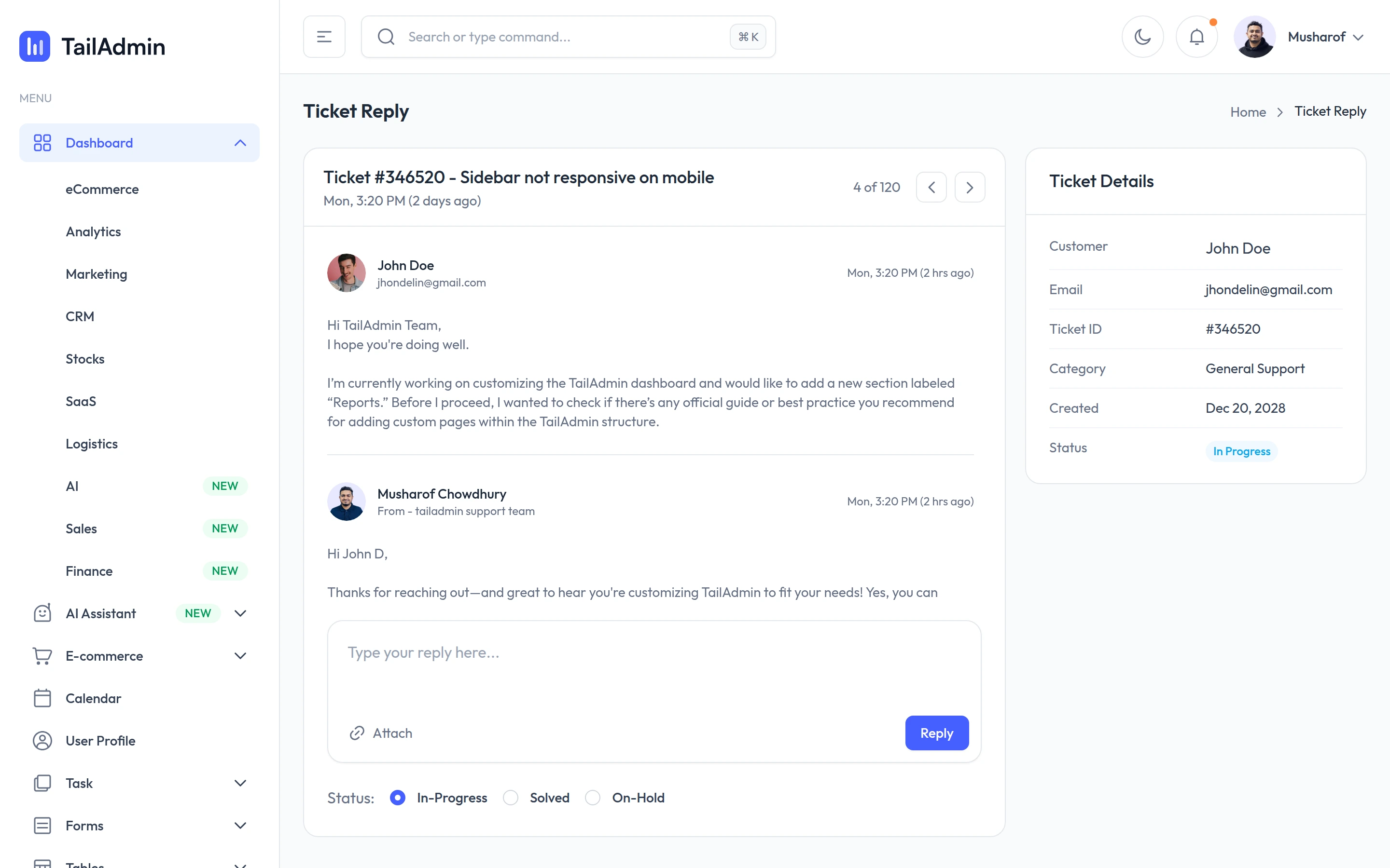 TailAdmin — Support ticket reply demo — captured interface