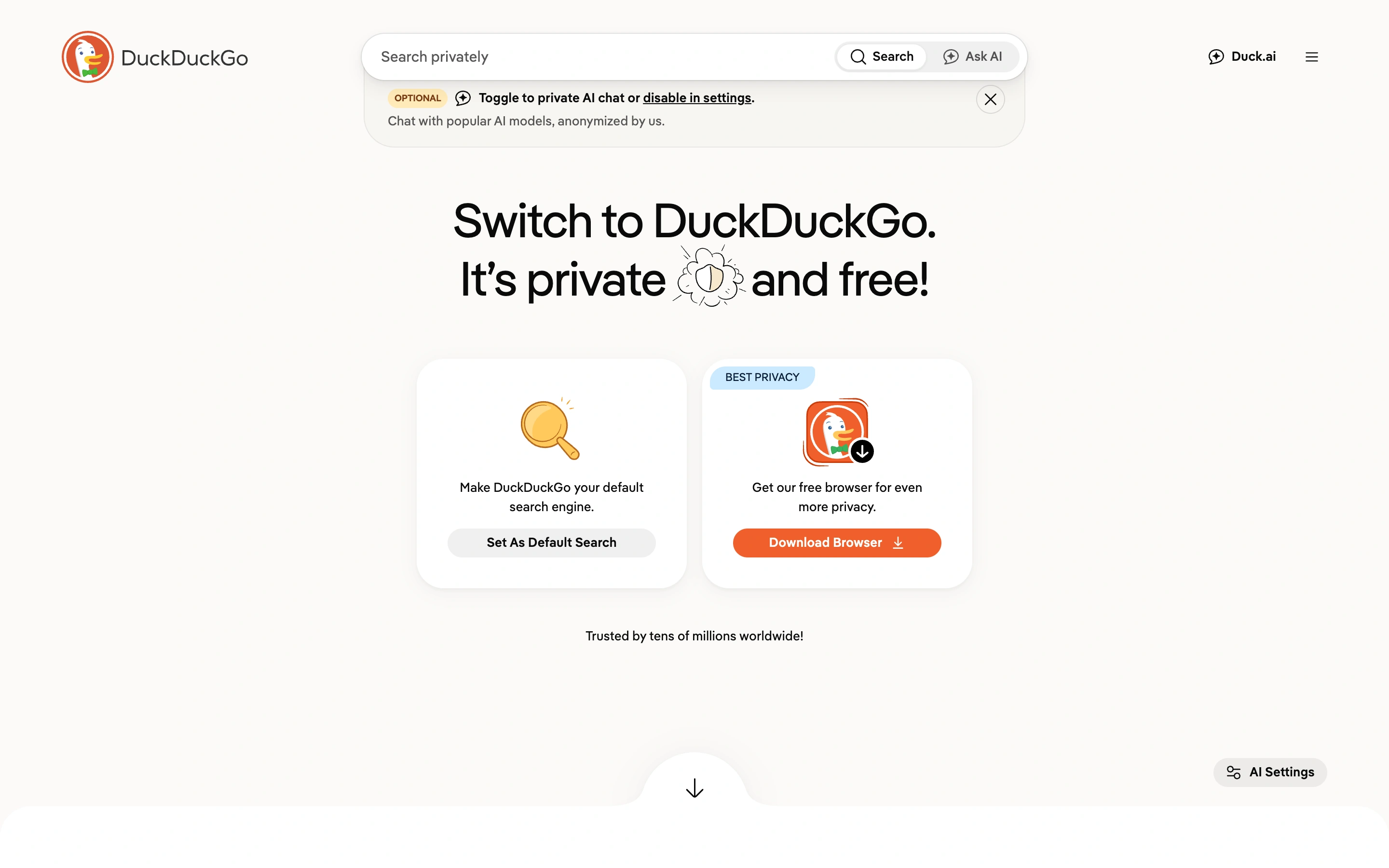 DuckDuckGo — Privacy browser homepage — captured interface