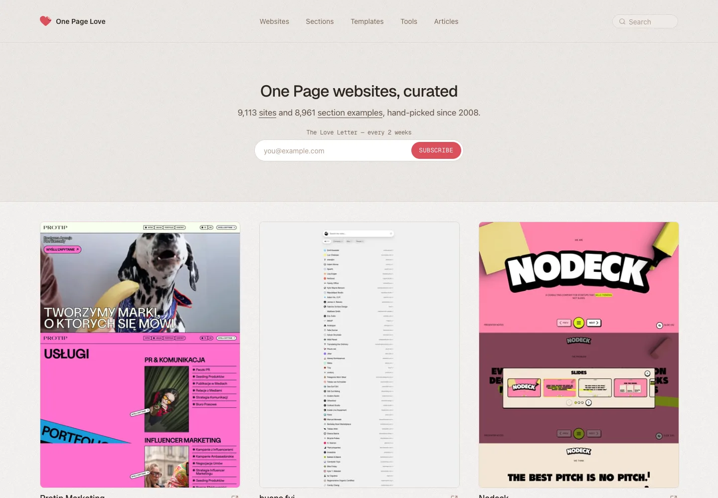 One Page Love — captured interface