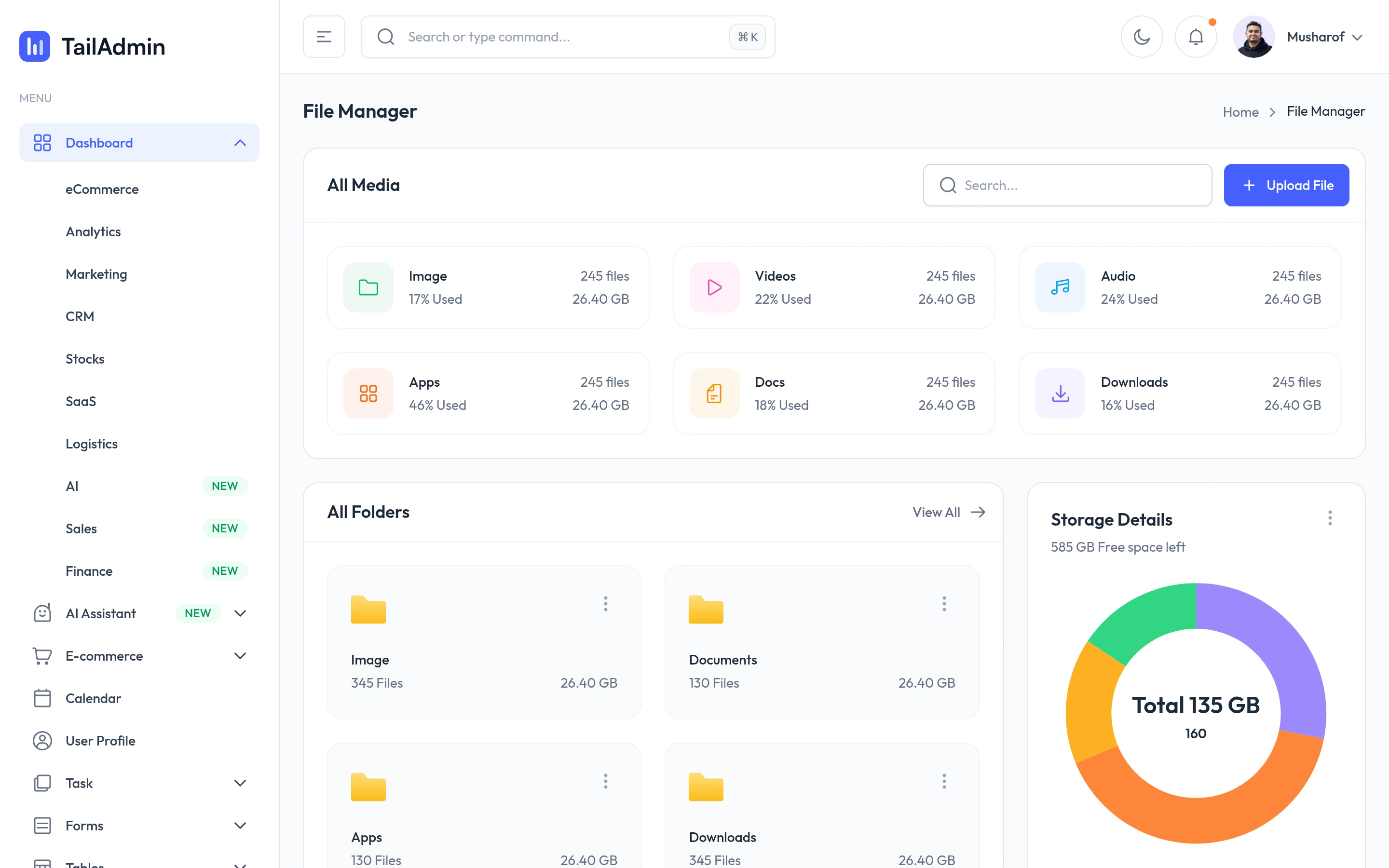 TailAdmin — File manager demo — captured interface
