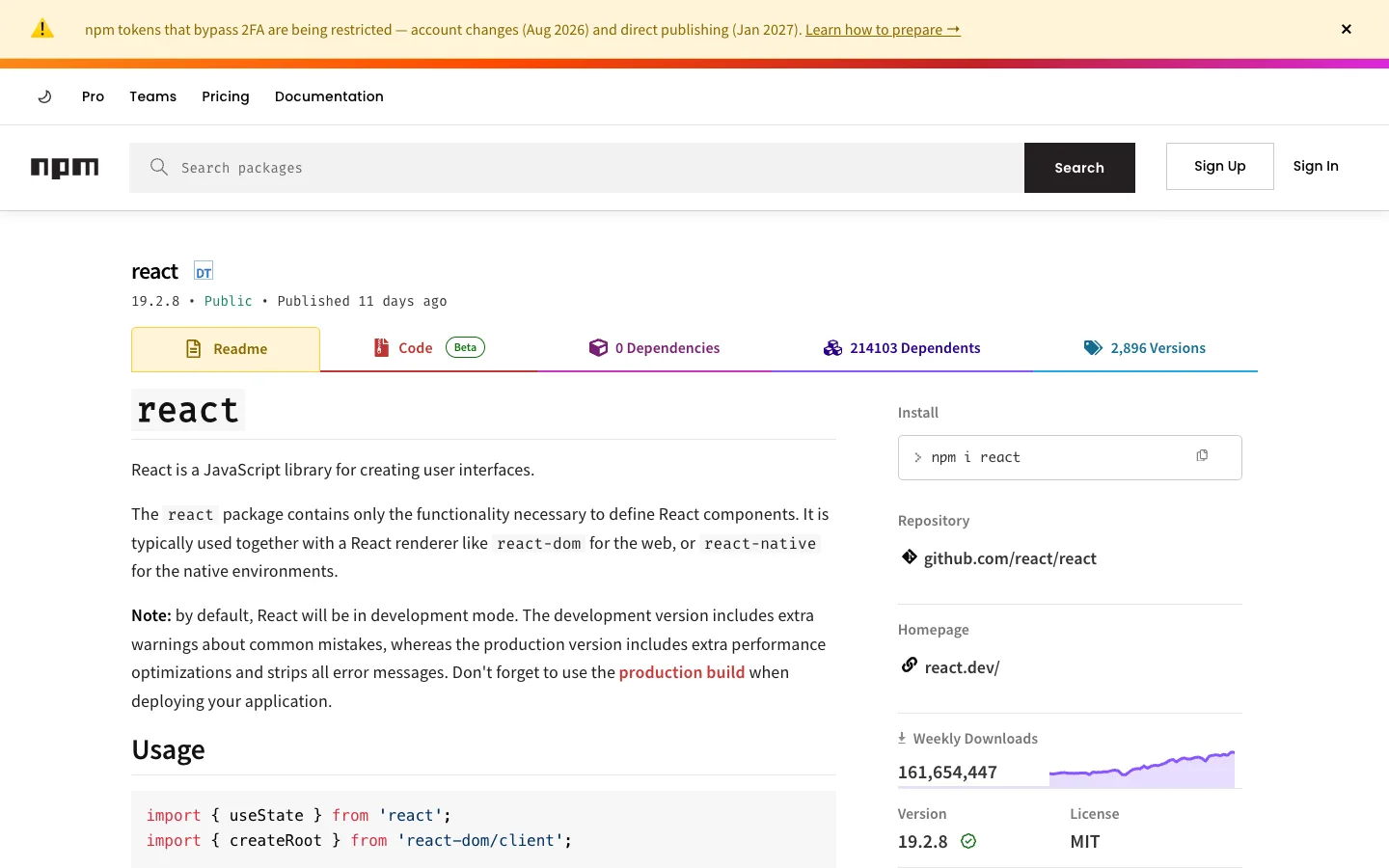 npm — Package page — captured interface