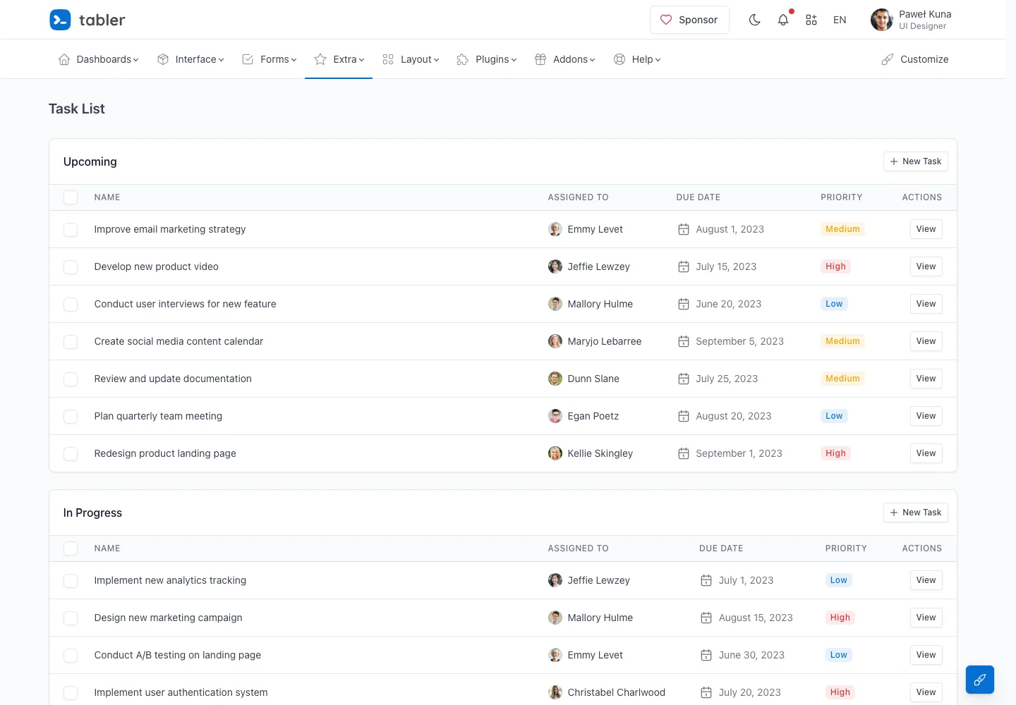 Tabler — Task list — captured interface