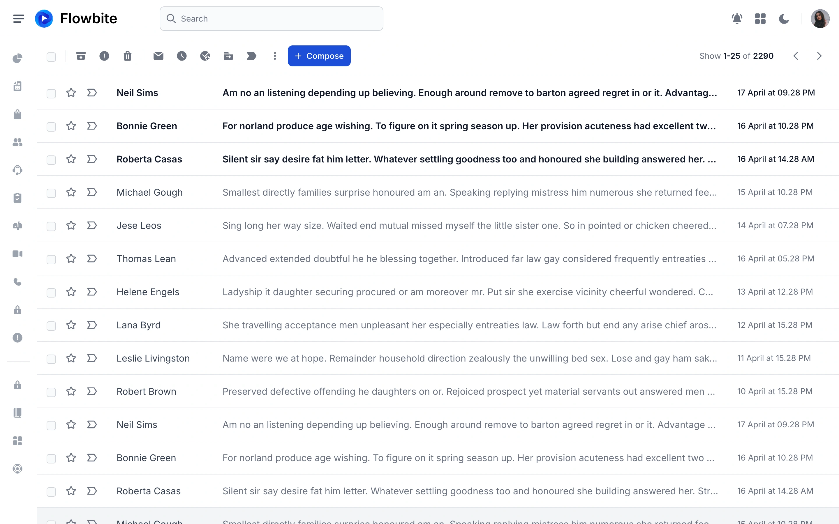 Flowbite — Inbox demo — captured interface