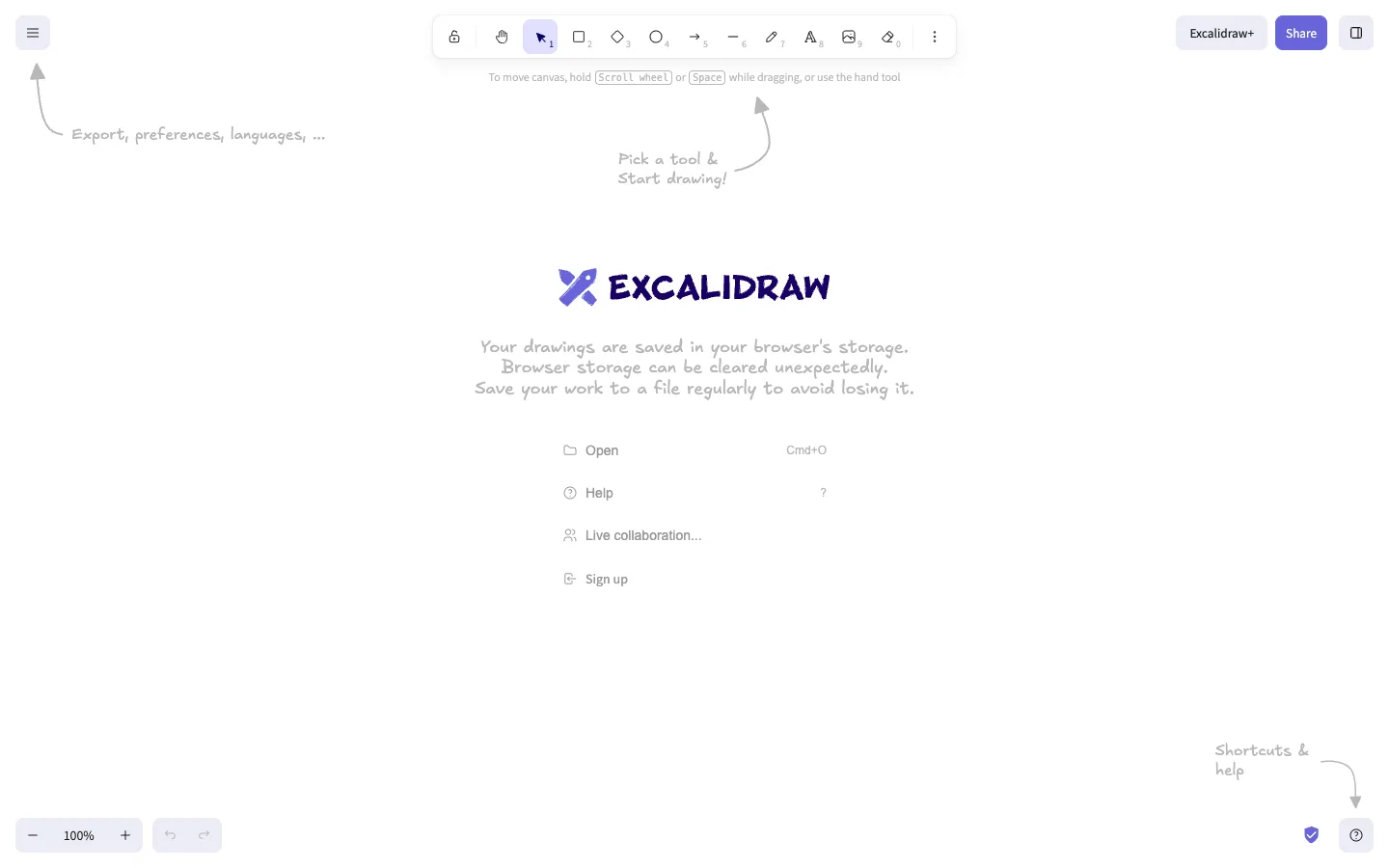 Excalidraw — Empty canvas — captured interface