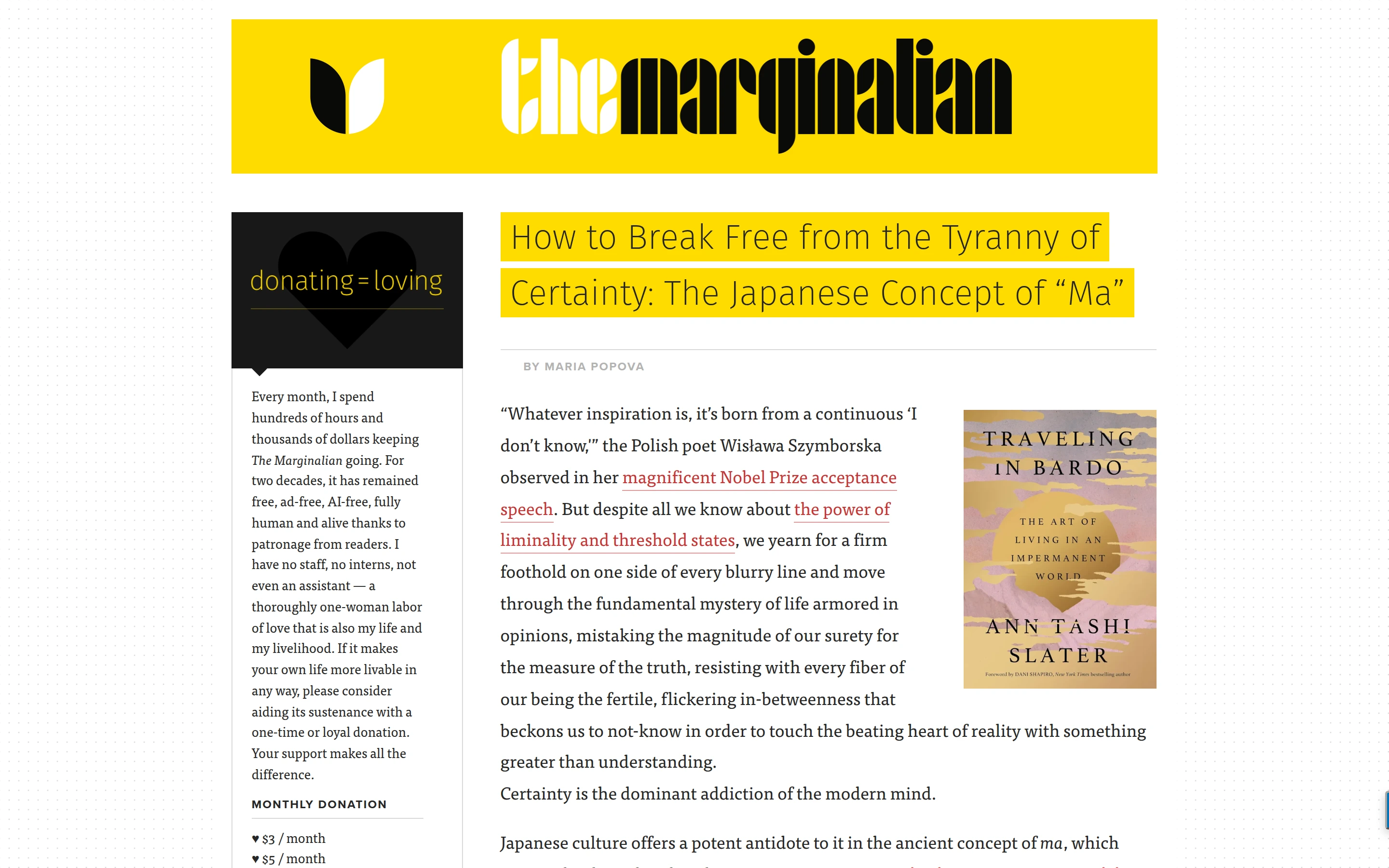 The Marginalian — captured interface