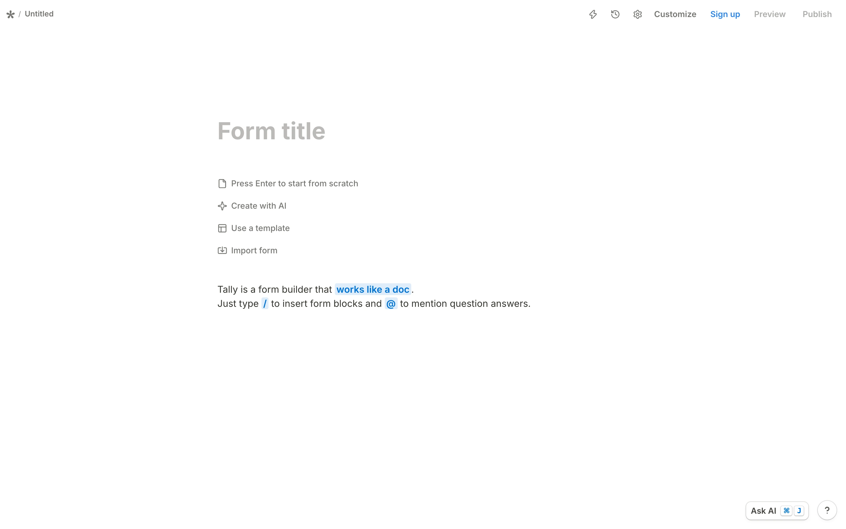 Tally — Document-style form builder — captured interface