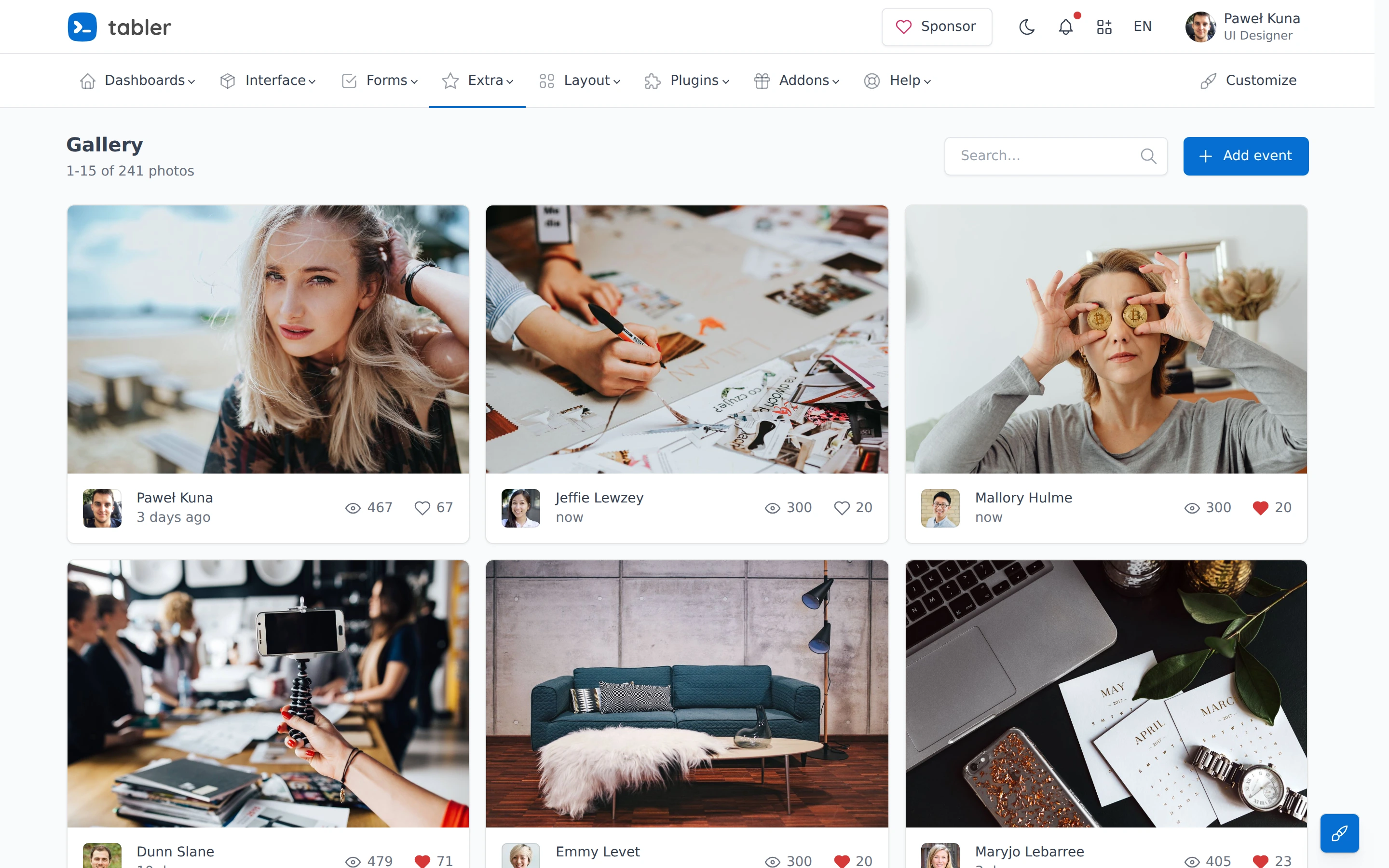 Tabler — Gallery demo — captured interface