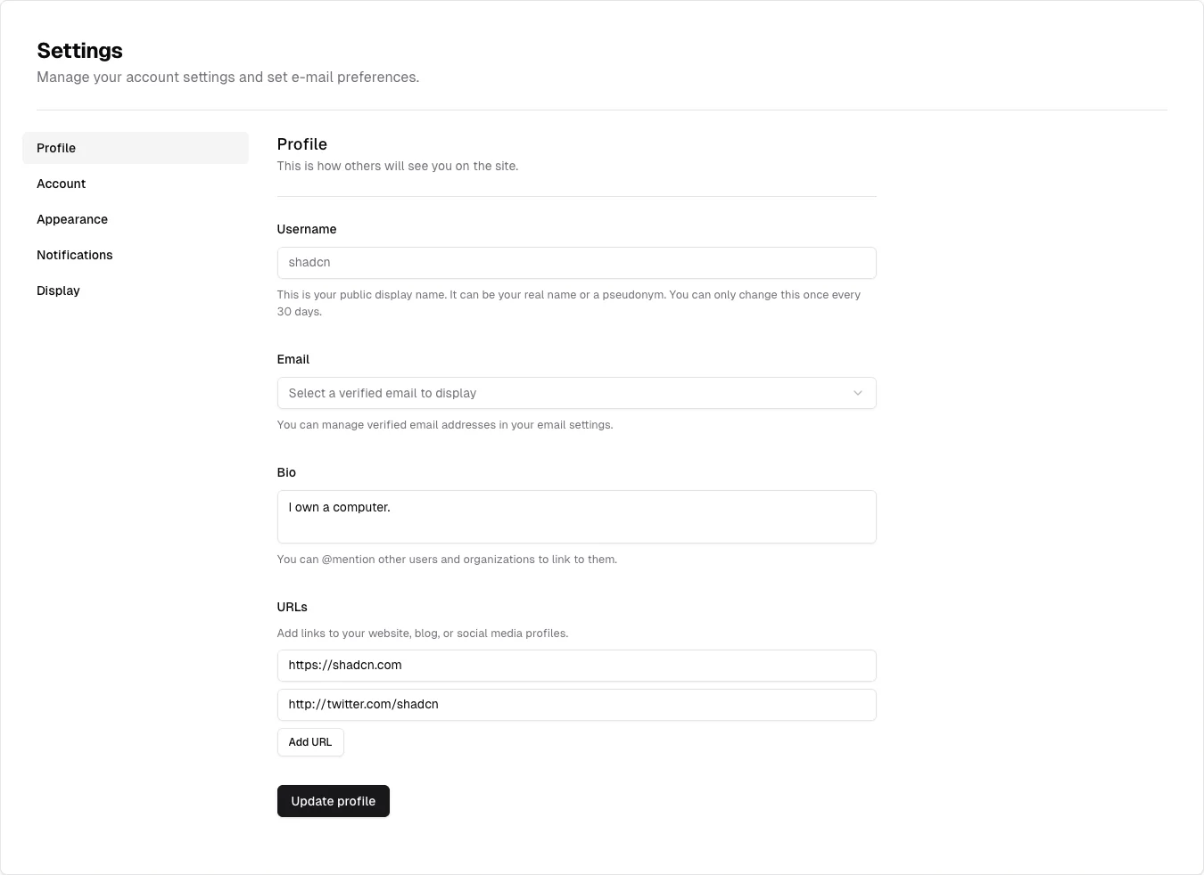 shadcn/ui v3 — Profile form — captured interface