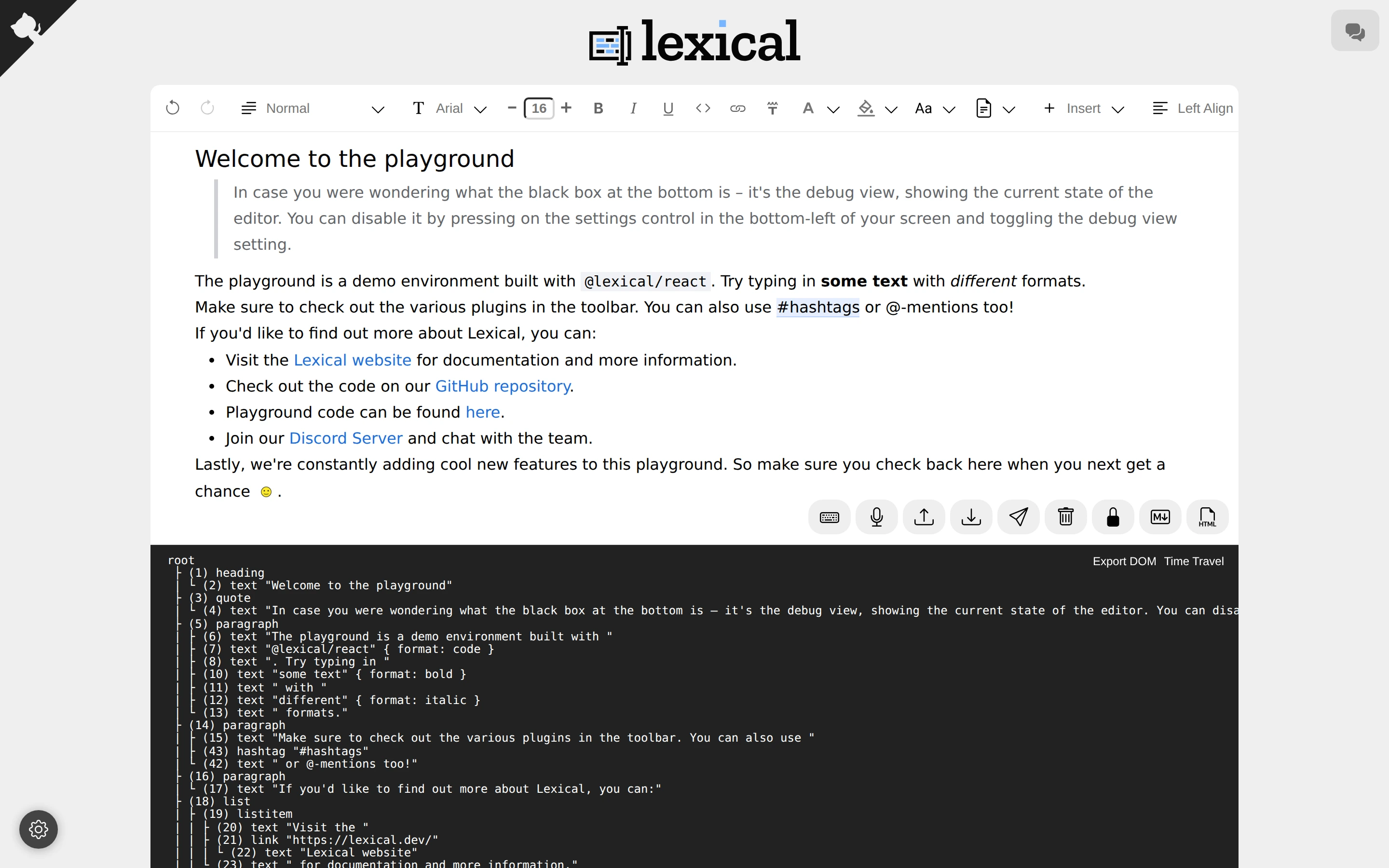 Lexical — Rich text demo — captured interface