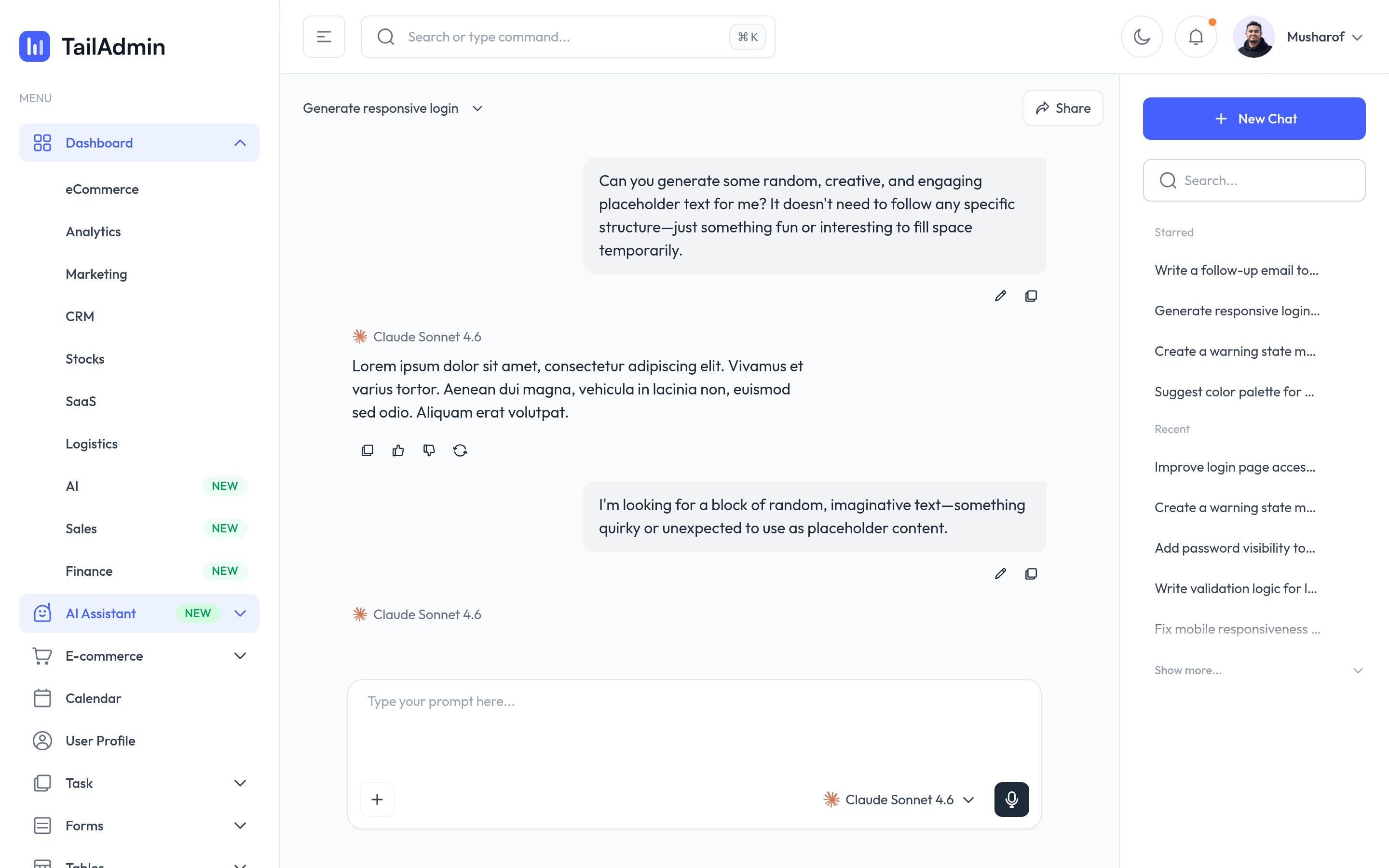 TailAdmin — Text generator demo — captured interface