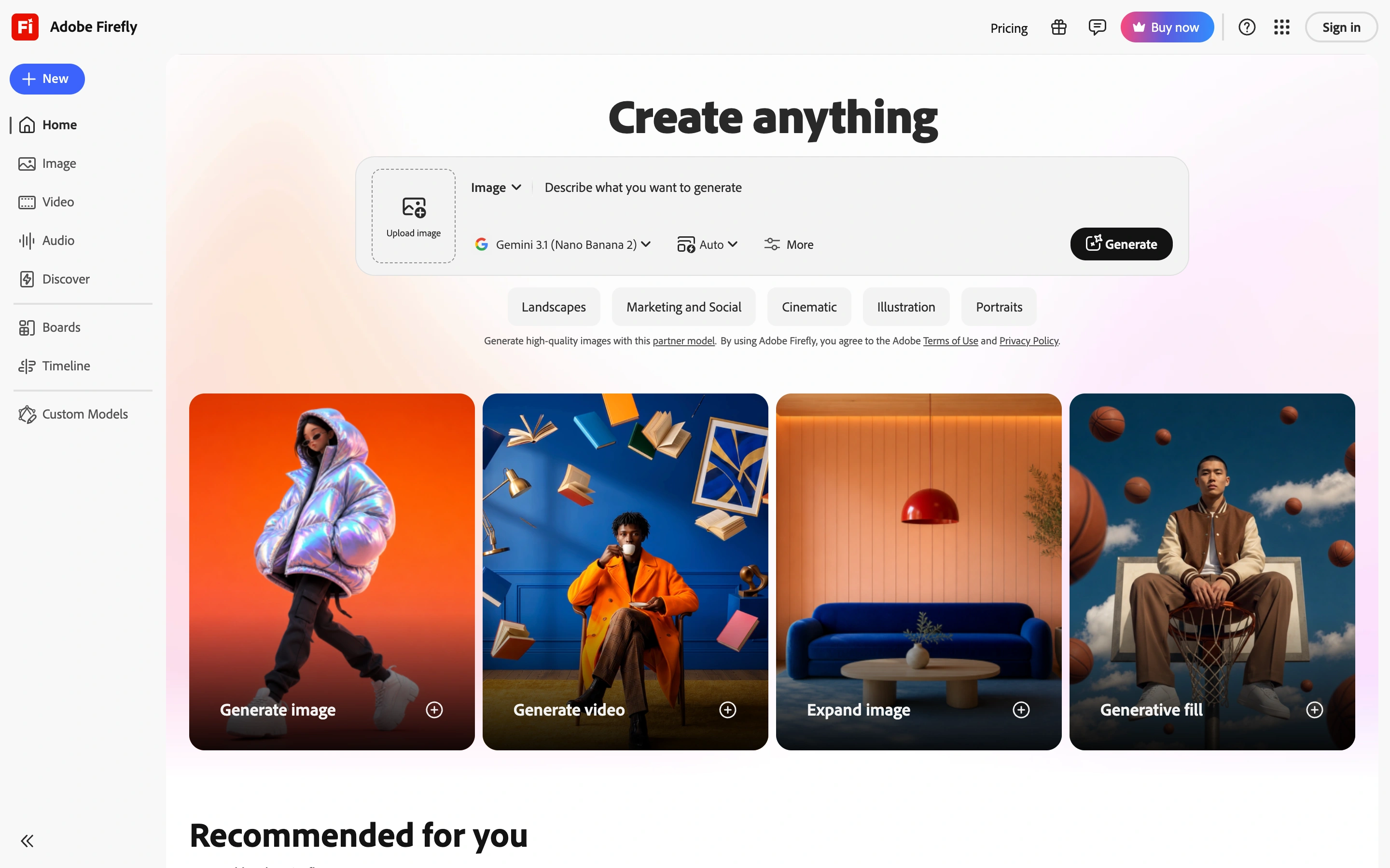 Adobe Firefly — Creative home — captured interface