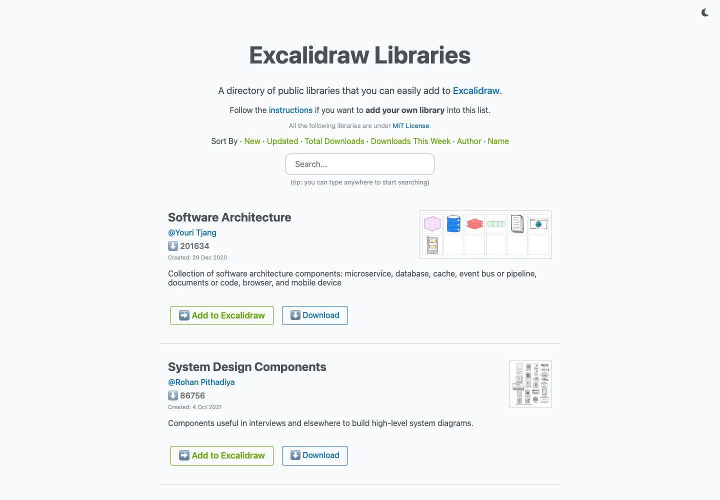 Excalidraw — Shape libraries — captured interface